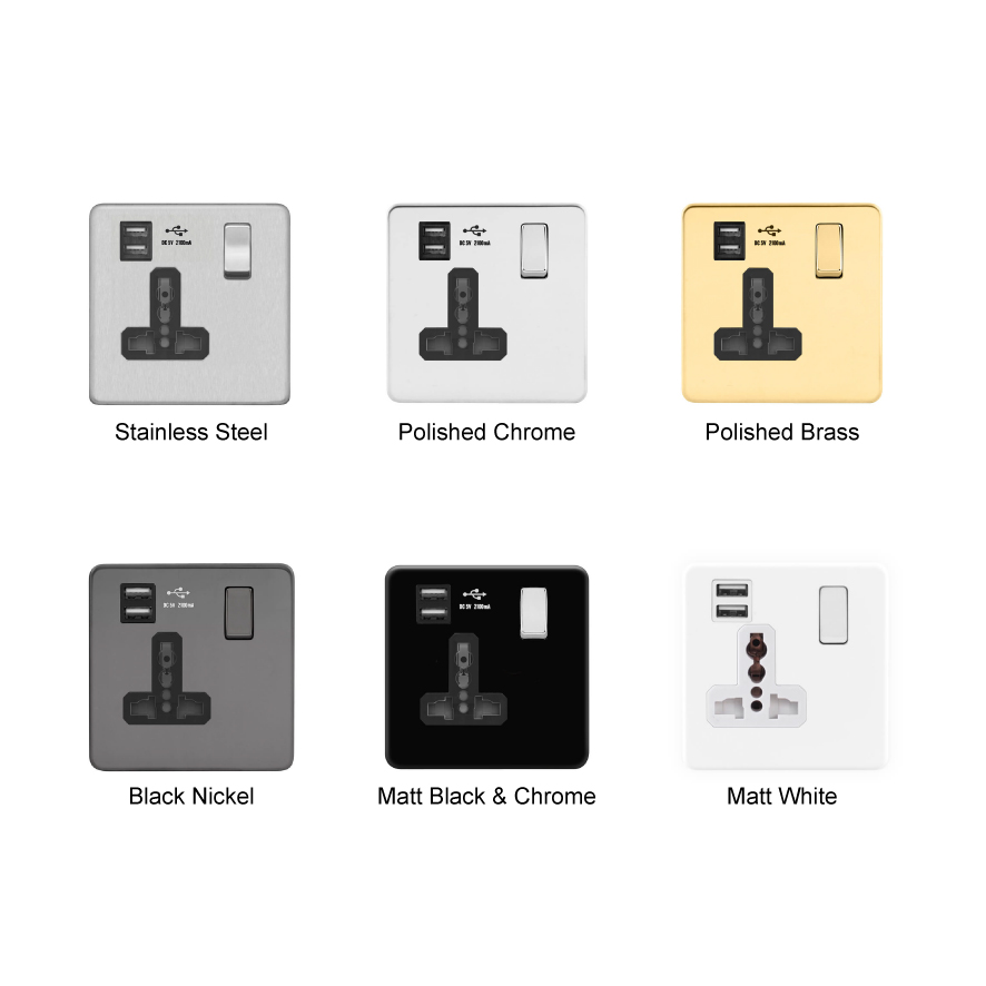 Screwless Flat Profile 1G Universal Switched Socket – SP with 2.4A Dual USB Charger