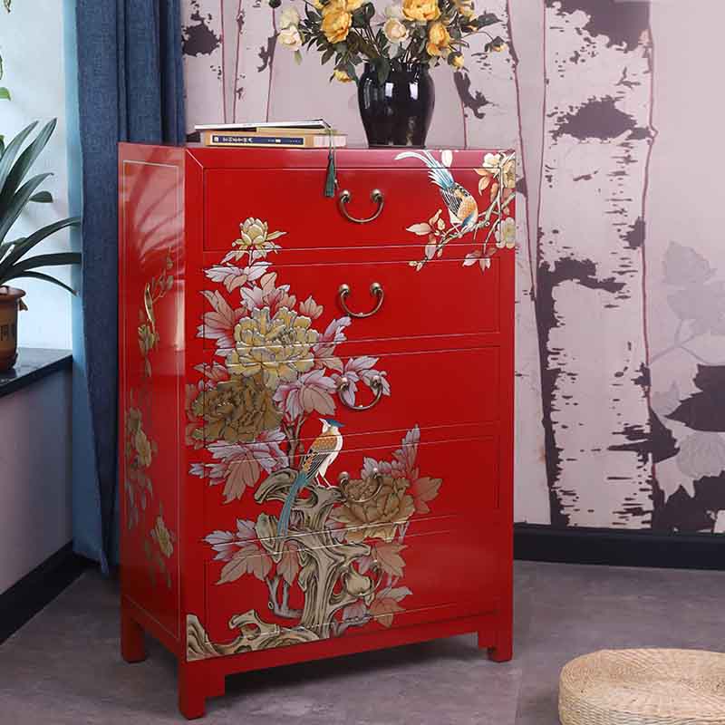 新中式手绘实木五斗柜