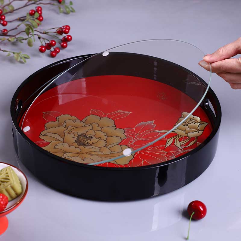 红金牡丹圆托盘