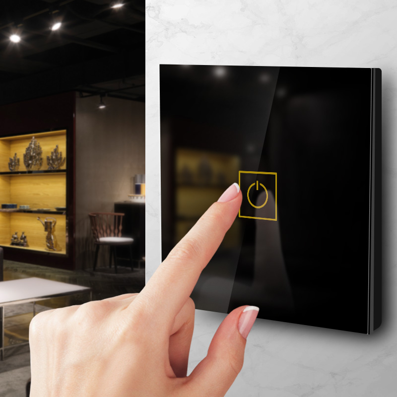 智能家用酒店宾馆黑色RS485协议强电钢化玻璃触摸触控屏开关面板